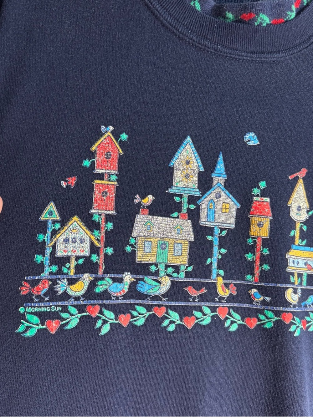 Vintage Morning Sun Birdhouse Sweatshirt Navy Mock Neck USA Womens L Bird Print - Picture 3 of 6